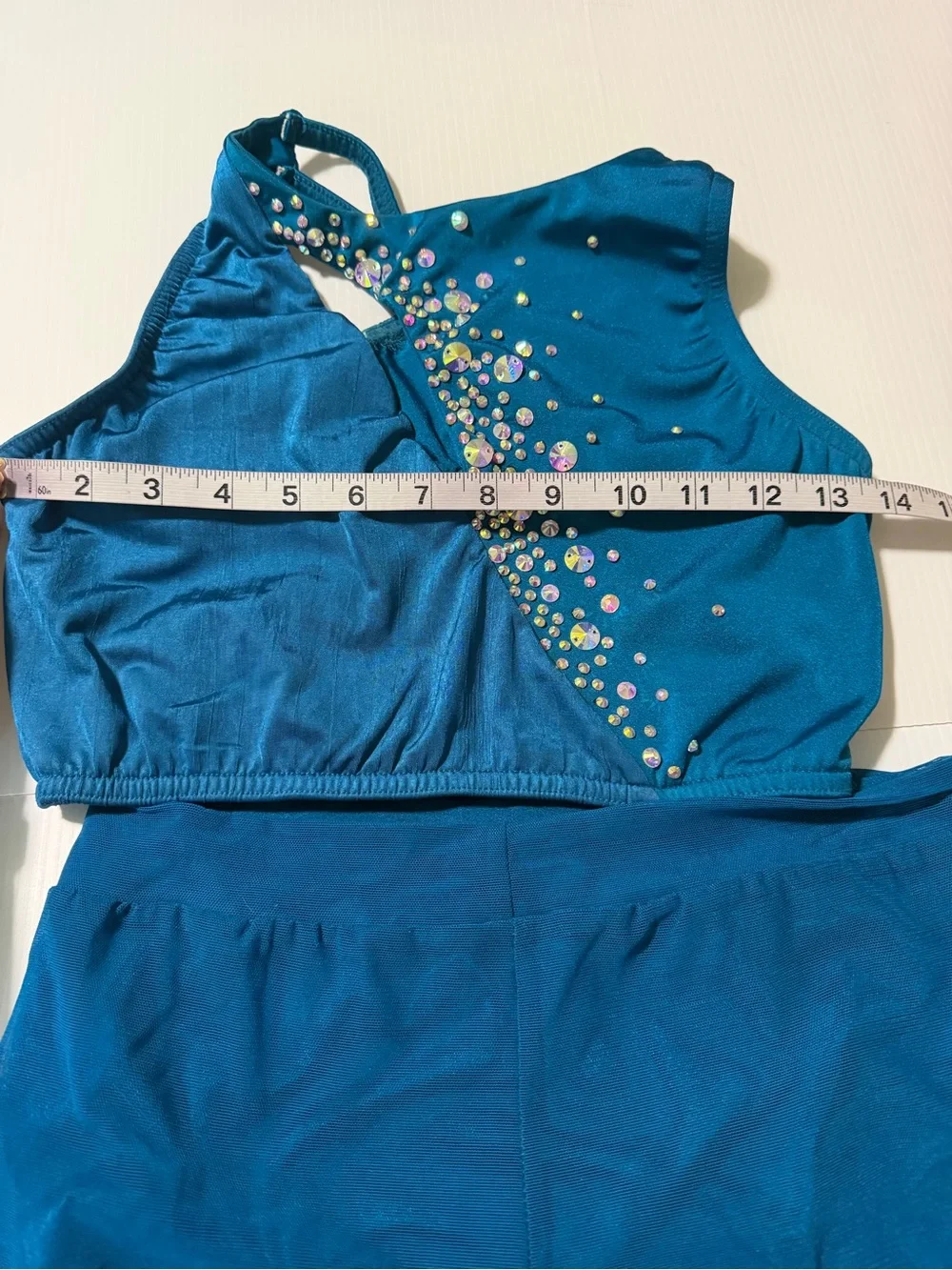 Kelle dance solo costume teal blue 2 piece custom rhinestone MA-Medium adult
